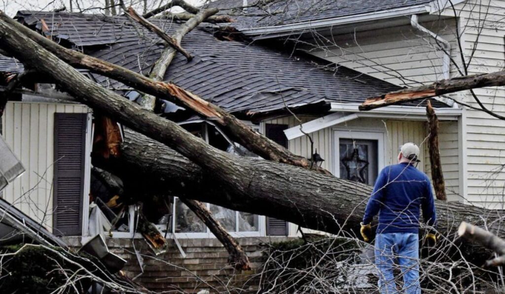 man standing in front of a tree that has fallen onto a house
